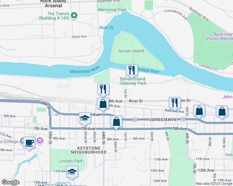 map of restaurants, bars, coffee shops, grocery stores, and more near 4501 4th Avenue in Rock Island