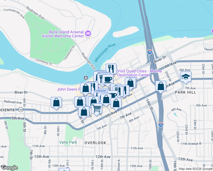 map of restaurants, bars, coffee shops, grocery stores, and more near 1534 River Drive in Moline
