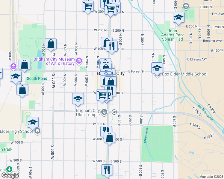 map of restaurants, bars, coffee shops, grocery stores, and more near 101 Utah 13 in Brigham City