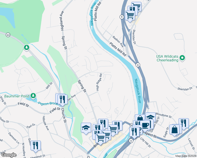 map of restaurants, bars, coffee shops, grocery stores, and more near 170 High Ridge Road in Naugatuck