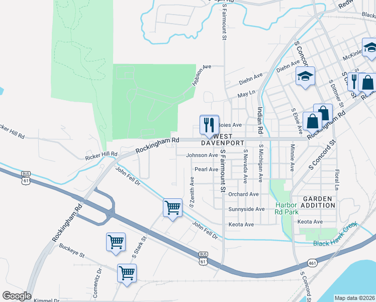 map of restaurants, bars, coffee shops, grocery stores, and more near 1004 South Zenith Avenue in Davenport