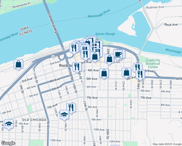 map of restaurants, bars, coffee shops, grocery stores, and more near 451-499 18th Street in Rock Island