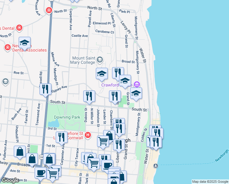 map of restaurants, bars, coffee shops, grocery stores, and more near 24 Gidney Avenue in Newburgh