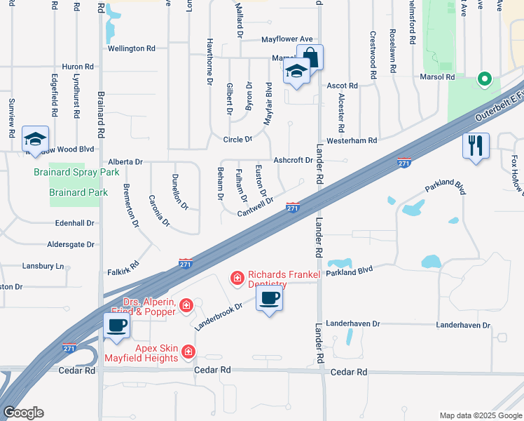 map of restaurants, bars, coffee shops, grocery stores, and more near 5900 Cantwell Drive in Mayfield Heights