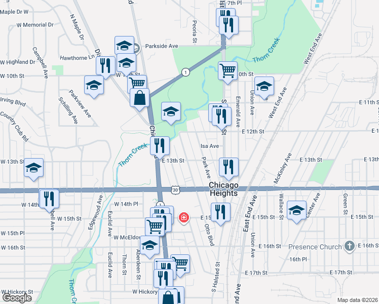 map of restaurants, bars, coffee shops, grocery stores, and more near 43 East 13th Street in Chicago Heights