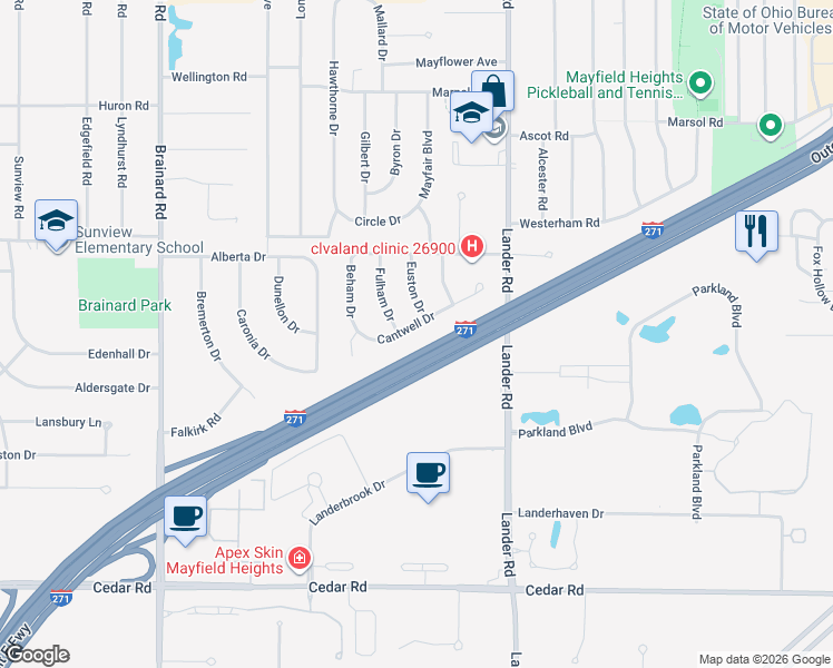 map of restaurants, bars, coffee shops, grocery stores, and more near 5900 Cantwell Drive in Mayfield Heights