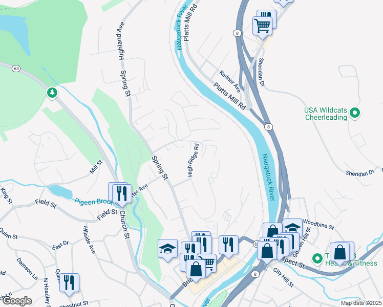 map of restaurants, bars, coffee shops, grocery stores, and more near 163 High Ridge Road in Naugatuck