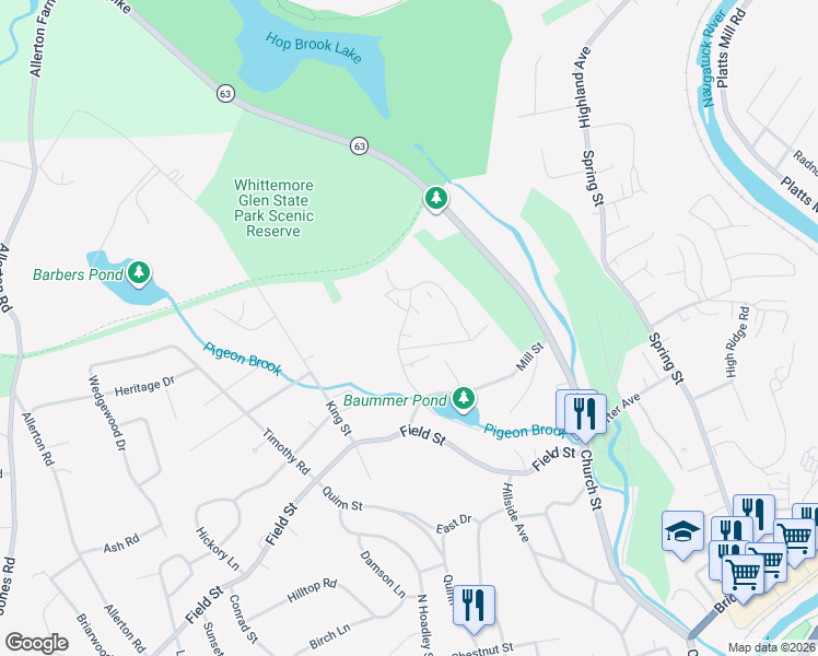 map of restaurants, bars, coffee shops, grocery stores, and more near 85 Lantern Park Drive in Naugatuck