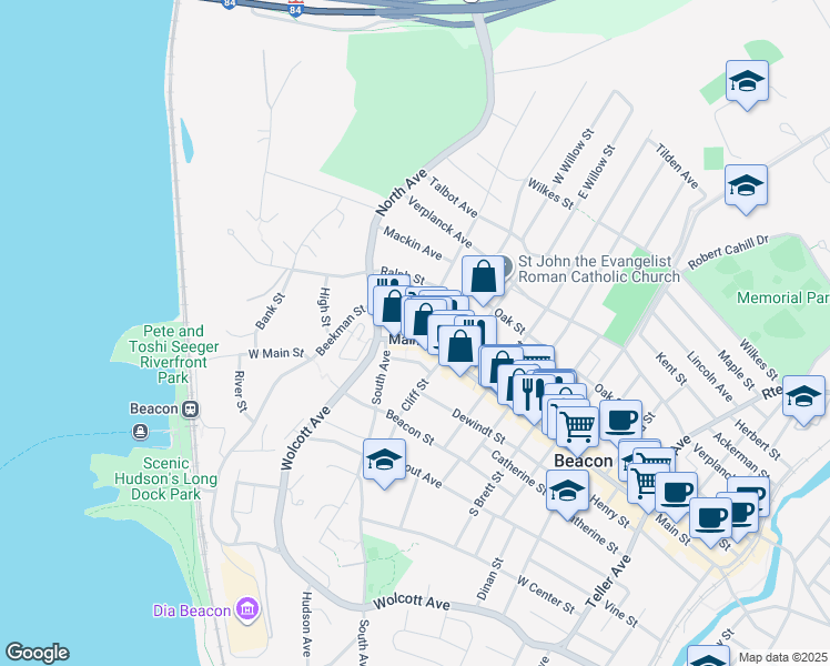 map of restaurants, bars, coffee shops, grocery stores, and more near 173 Main Street in Beacon