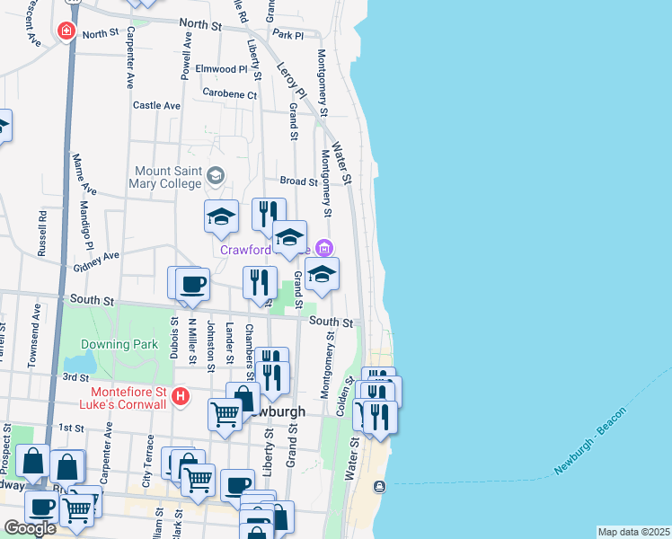 map of restaurants, bars, coffee shops, grocery stores, and more near 209 Water Street in Newburgh