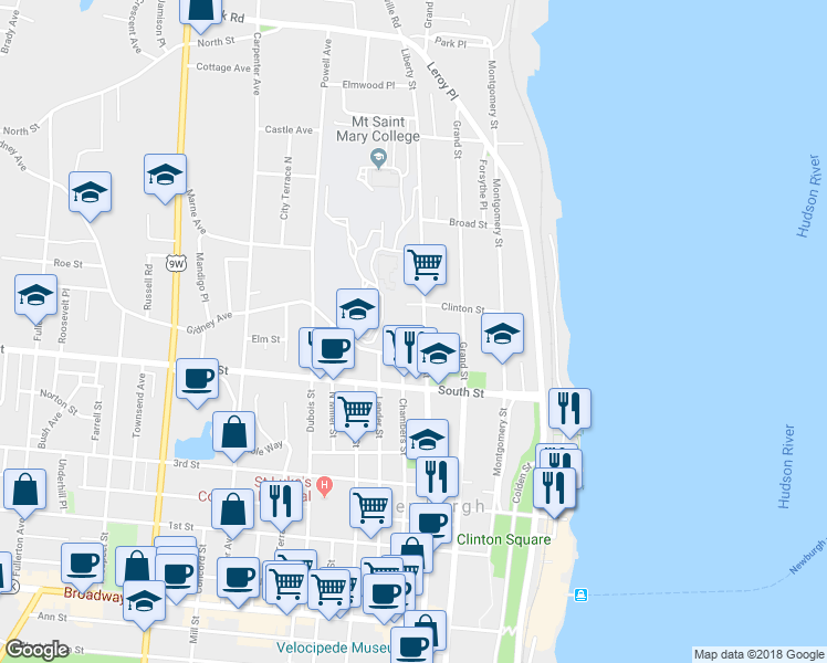 map of restaurants, bars, coffee shops, grocery stores, and more near 24 Gidney Avenue in Newburgh