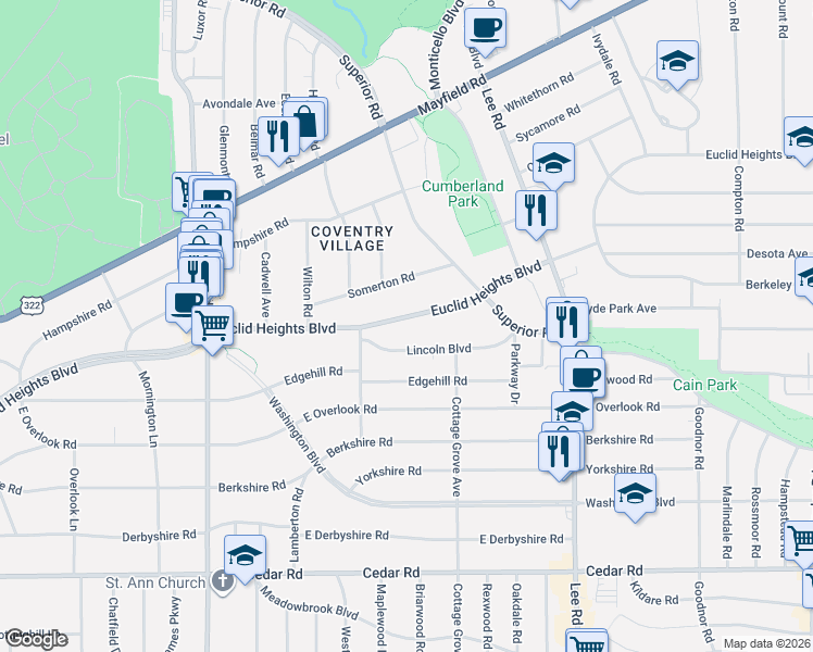 map of restaurants, bars, coffee shops, grocery stores, and more near 3035 Lincoln Boulevard in Cleveland Heights