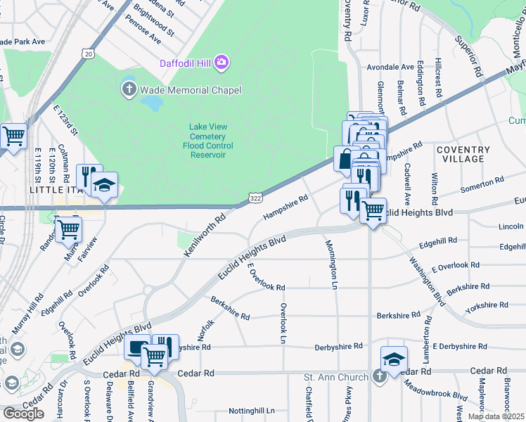map of restaurants, bars, coffee shops, grocery stores, and more near 2614 Hampshire Road in Cleveland Heights