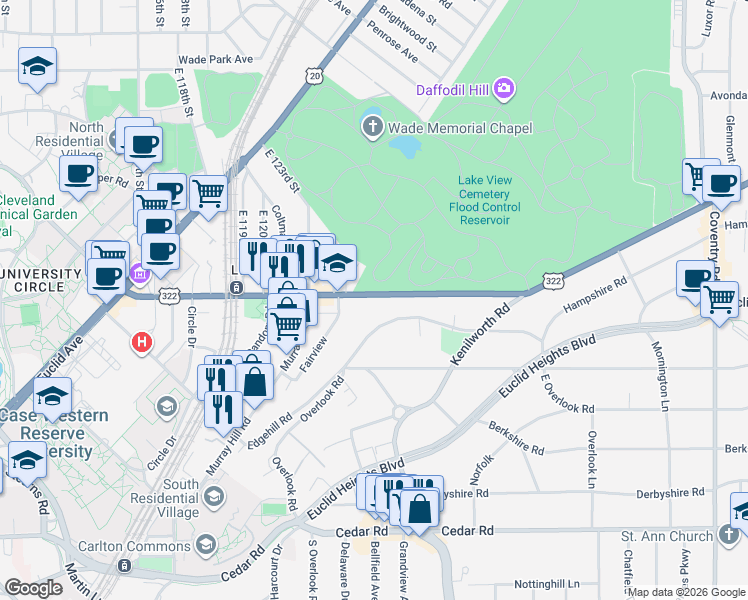 map of restaurants, bars, coffee shops, grocery stores, and more near 2419 Overlook Road in Cleveland Heights