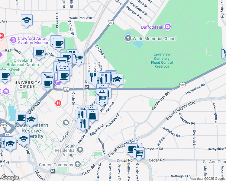 map of restaurants, bars, coffee shops, grocery stores, and more near 12408 Mayfield Road in Cleveland