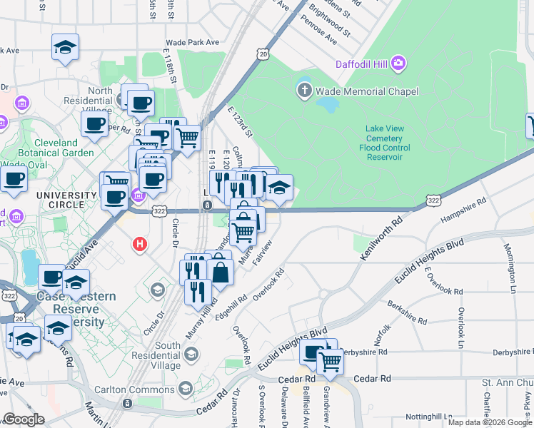map of restaurants, bars, coffee shops, grocery stores, and more near 12408 Mayfield Road in Cleveland