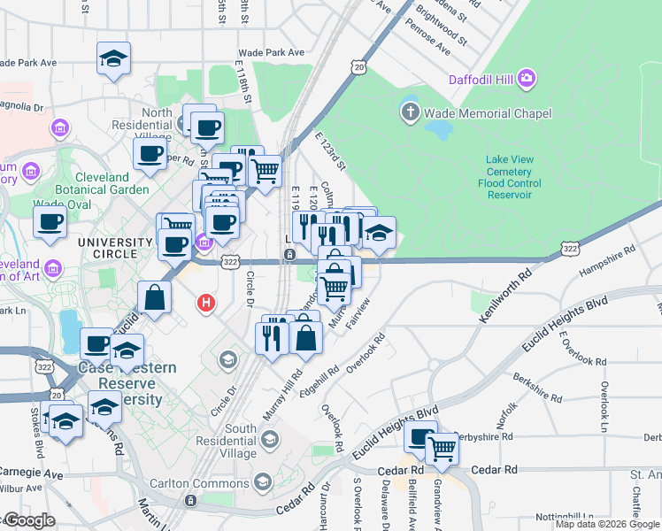 map of restaurants, bars, coffee shops, grocery stores, and more near 2025 Random Road in Cleveland
