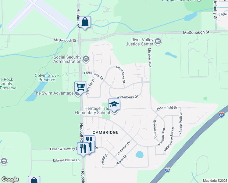 map of restaurants, bars, coffee shops, grocery stores, and more near 3321 Winterberry Drive in Joliet