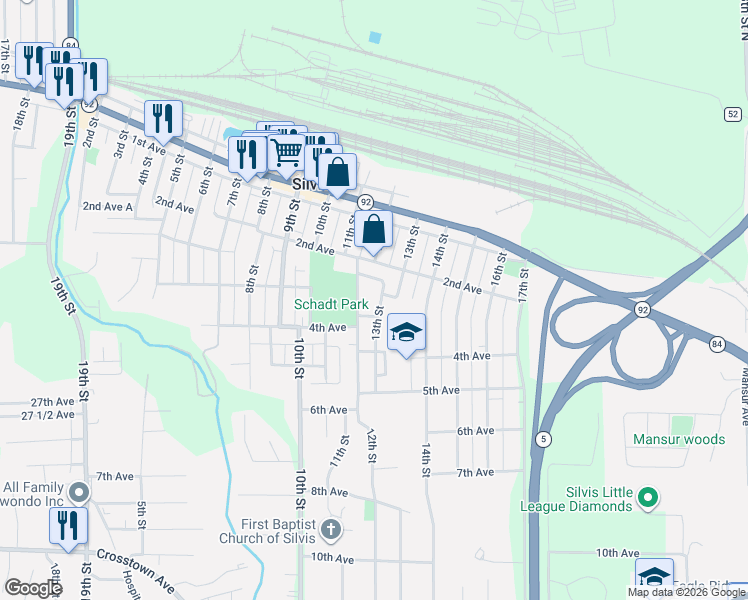 map of restaurants, bars, coffee shops, grocery stores, and more near 1205-1207 3rd Avenue in Silvis