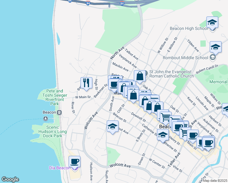 map of restaurants, bars, coffee shops, grocery stores, and more near 127 Main Street in Beacon
