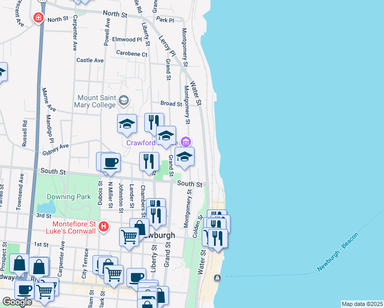 map of restaurants, bars, coffee shops, grocery stores, and more near 176 Montgomery Street in Newburgh