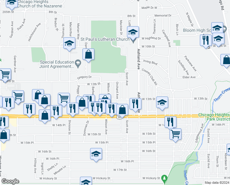 map of restaurants, bars, coffee shops, grocery stores, and more near 1224 Orchard Avenue in Chicago Heights