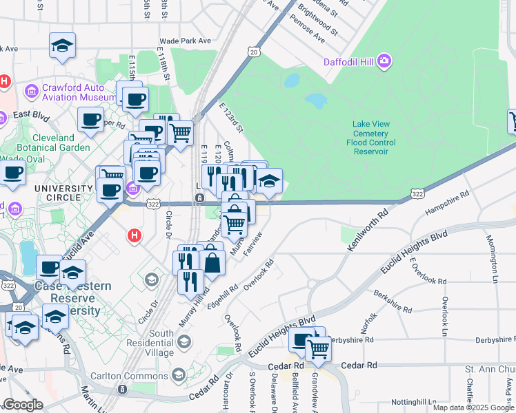 map of restaurants, bars, coffee shops, grocery stores, and more near 12408 Mayfield Road in Cleveland