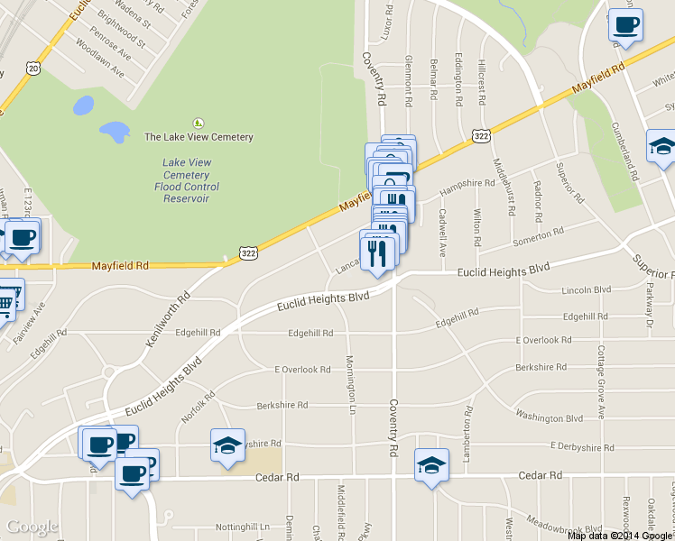 map of restaurants, bars, coffee shops, grocery stores, and more near 2741 Euclid Heights Boulevard in Cleveland Heights
