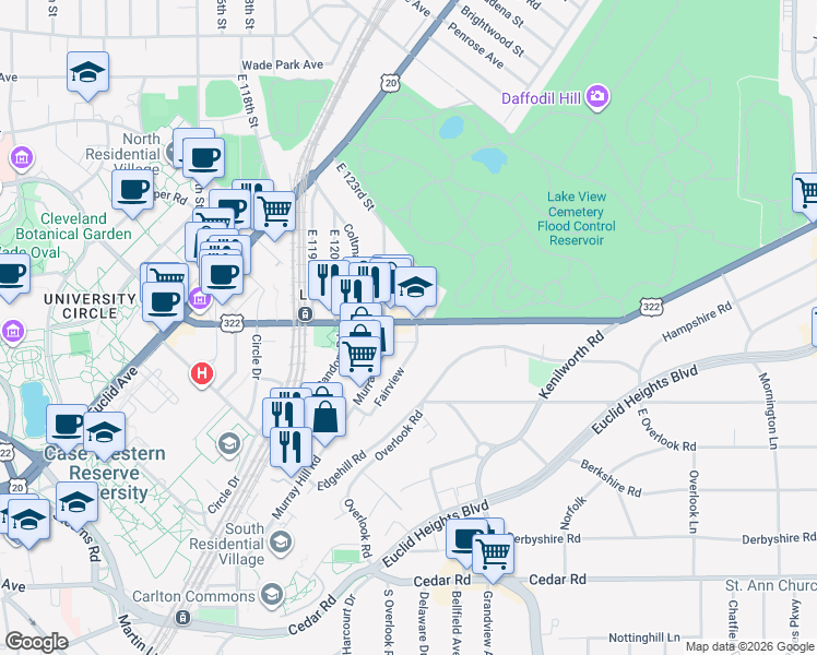 map of restaurants, bars, coffee shops, grocery stores, and more near 12408 Mayfield Road in Cleveland