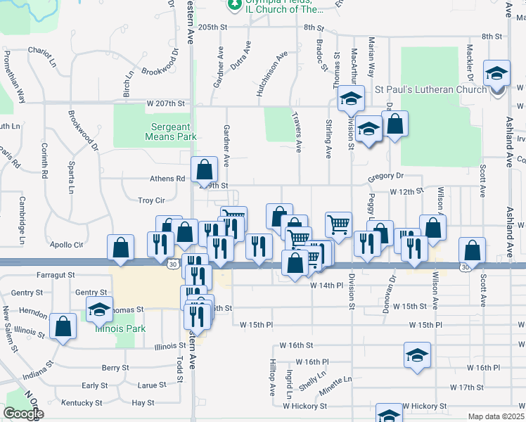 map of restaurants, bars, coffee shops, grocery stores, and more near 601 West Lincoln Highway in Chicago Heights