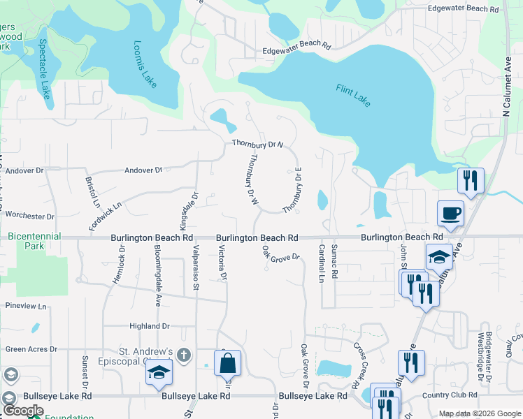 map of restaurants, bars, coffee shops, grocery stores, and more near 4400 Thornbury Drive West in Valparaiso