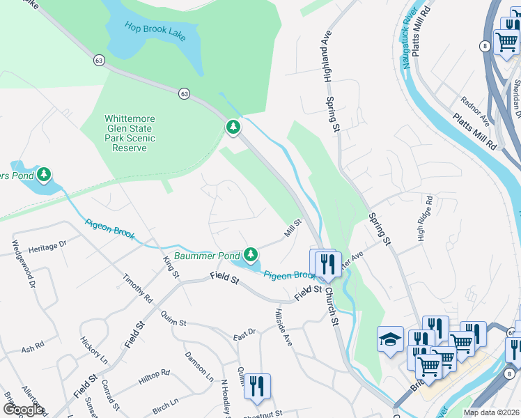 map of restaurants, bars, coffee shops, grocery stores, and more near 68 Round Tree Drive in Naugatuck