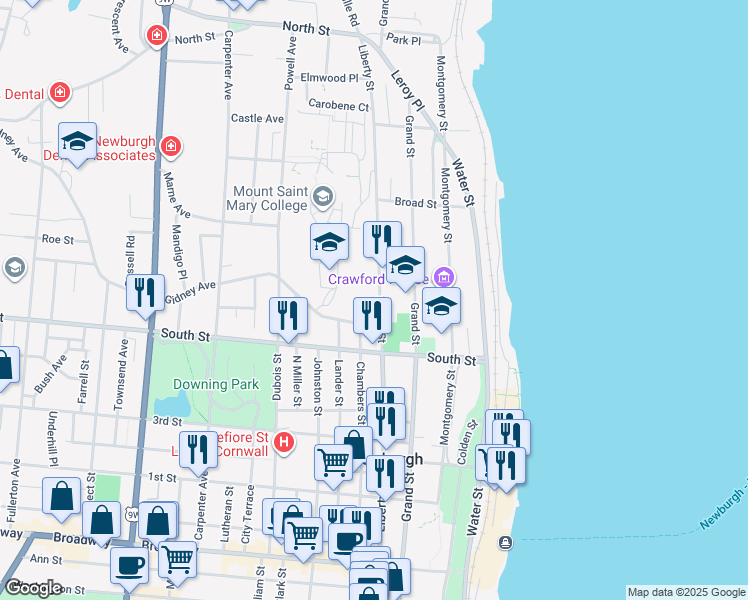 map of restaurants, bars, coffee shops, grocery stores, and more near 345 Liberty Street in Newburgh