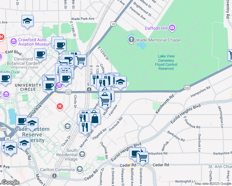 map of restaurants, bars, coffee shops, grocery stores, and more near 12314 Mayfield Road in Cleveland