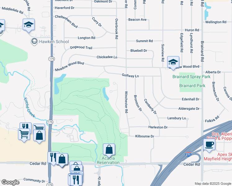 map of restaurants, bars, coffee shops, grocery stores, and more near 520 Eagle Point Drive in Lyndhurst