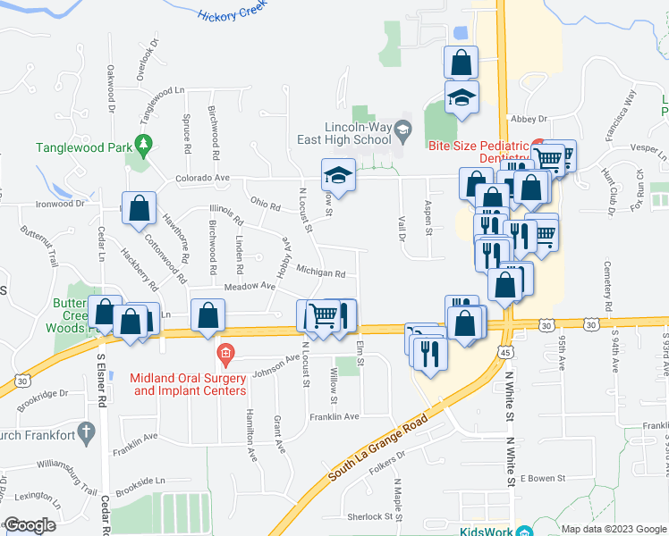 map of restaurants, bars, coffee shops, grocery stores, and more near 322 Michigan Road in Frankfort