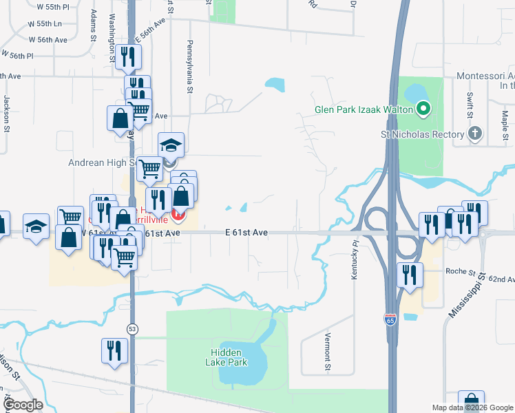 map of restaurants, bars, coffee shops, grocery stores, and more near 6060 Virginia St in Merrillville