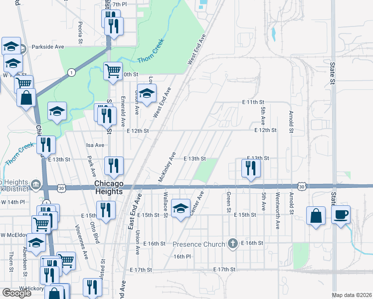 map of restaurants, bars, coffee shops, grocery stores, and more near 1237 Washington Avenue in Chicago Heights