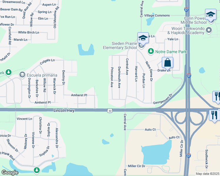 map of restaurants, bars, coffee shops, grocery stores, and more near 5720 211th Street in Matteson
