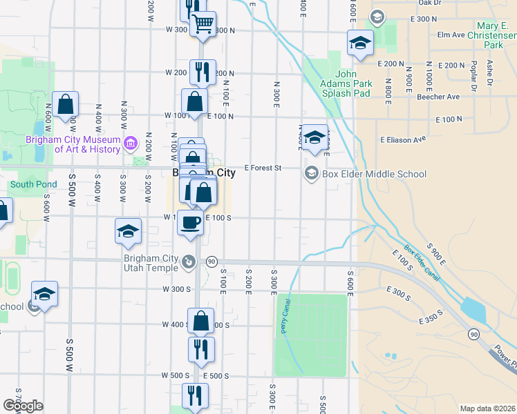 map of restaurants, bars, coffee shops, grocery stores, and more near 207 East 100 South in Brigham City
