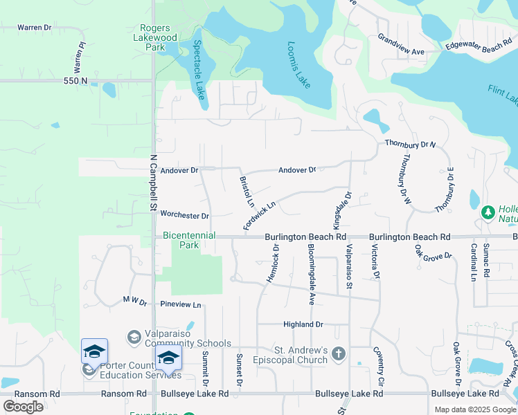 map of restaurants, bars, coffee shops, grocery stores, and more near 105 Fordwick Lane in Valparaiso
