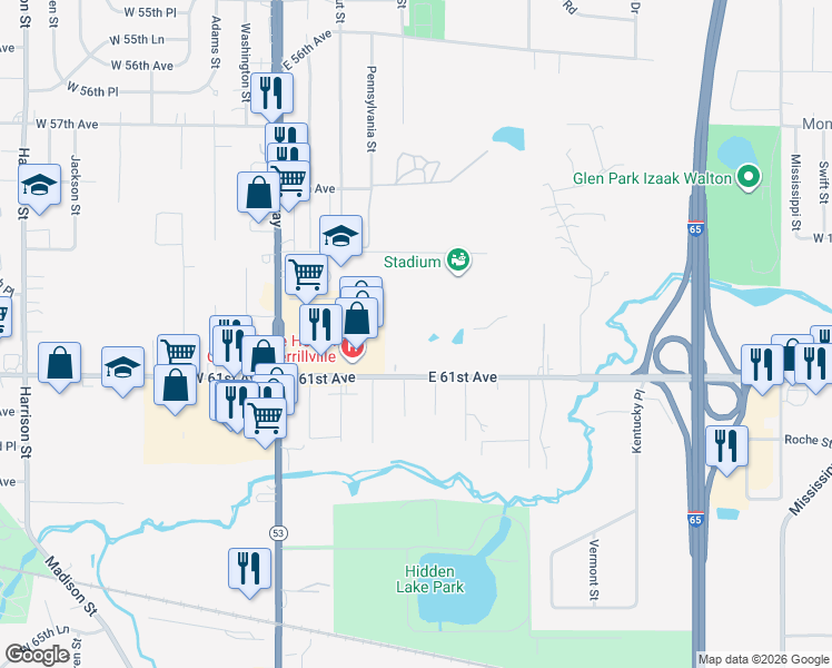 map of restaurants, bars, coffee shops, grocery stores, and more near 6091 Maryland Street in Merrillville