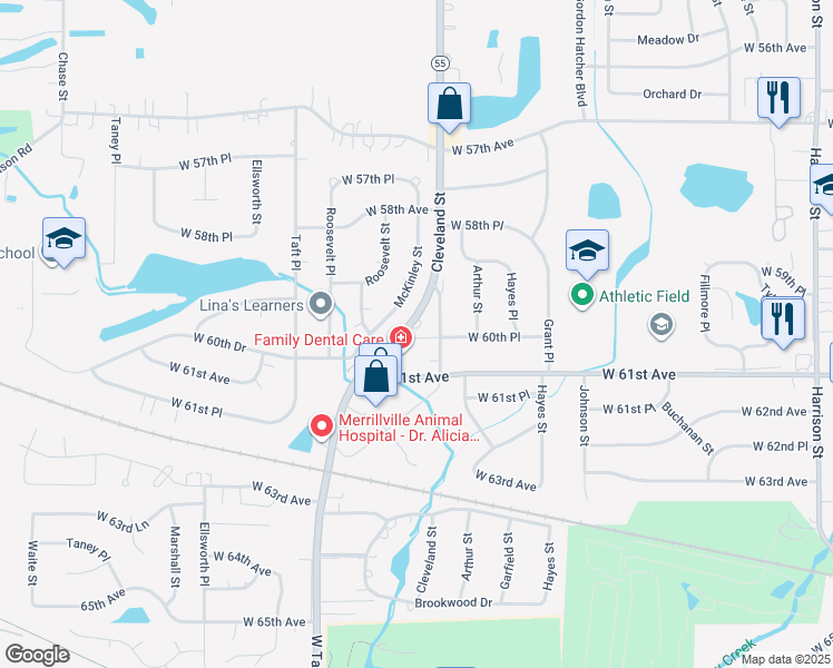 map of restaurants, bars, coffee shops, grocery stores, and more near 6057 Cleveland Circle in Merrillville