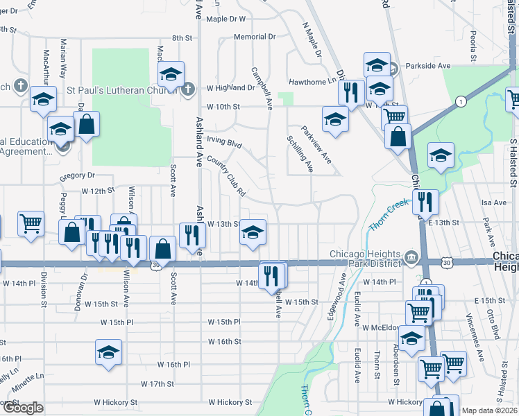 map of restaurants, bars, coffee shops, grocery stores, and more near 207 West 13th Street in Chicago Heights
