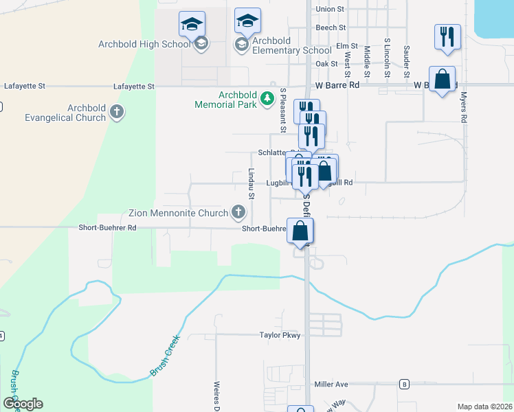 map of restaurants, bars, coffee shops, grocery stores, and more near 1307 South Buehrer Street in Archbold