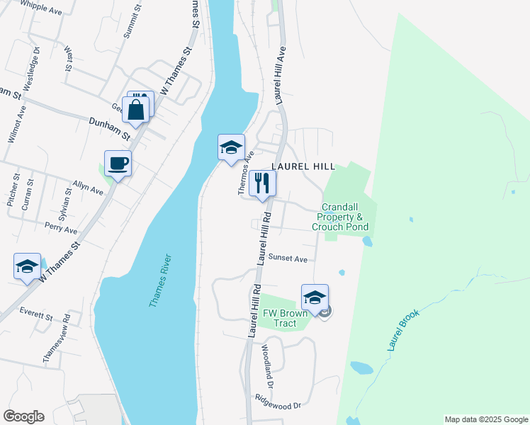 map of restaurants, bars, coffee shops, grocery stores, and more near 431 Laurel Hill Road in Norwich