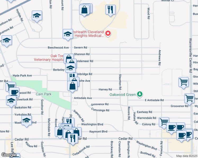 map of restaurants, bars, coffee shops, grocery stores, and more near 3583 Blanche Avenue in Cleveland Heights