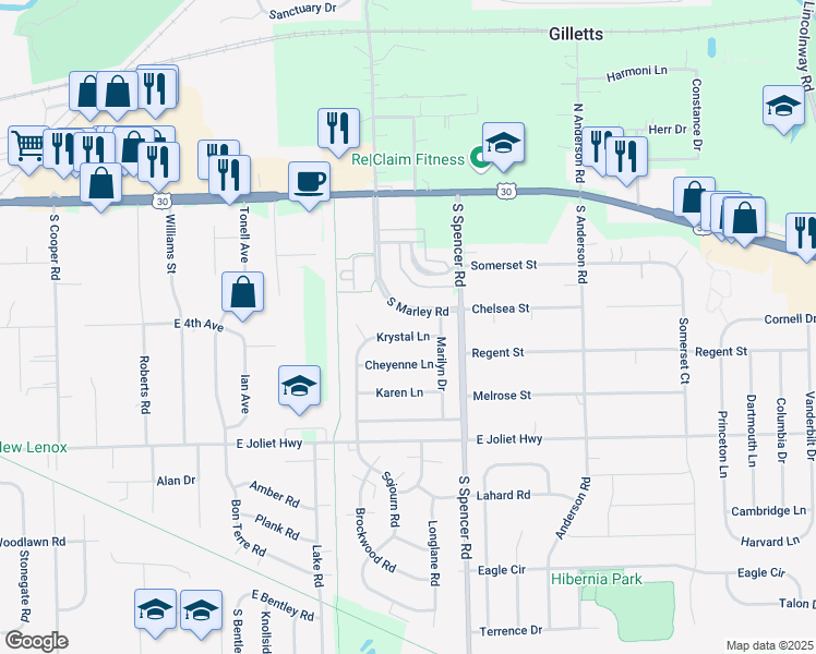 map of restaurants, bars, coffee shops, grocery stores, and more near 911 Krystal Lane in New Lenox