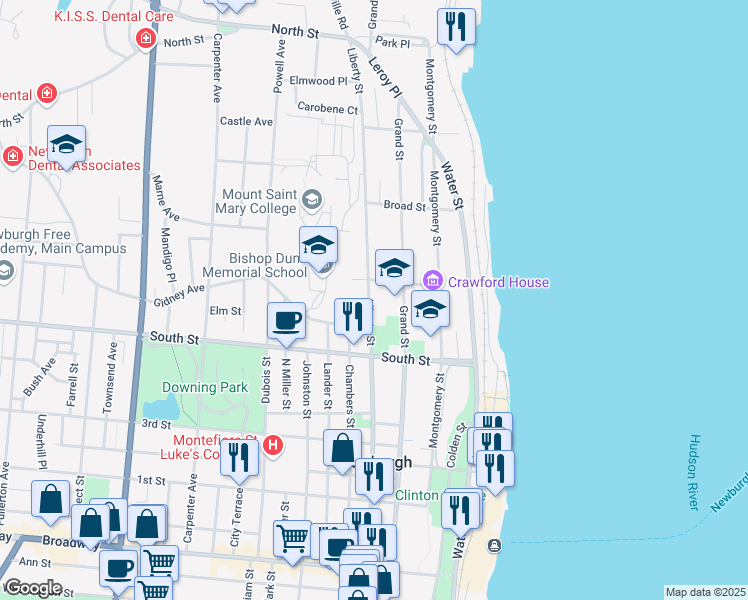 map of restaurants, bars, coffee shops, grocery stores, and more near 346 Liberty Street in Newburgh