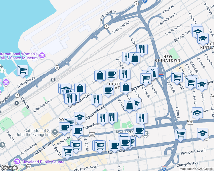 map of restaurants, bars, coffee shops, grocery stores, and more near 1425 East 21st Street in Cleveland